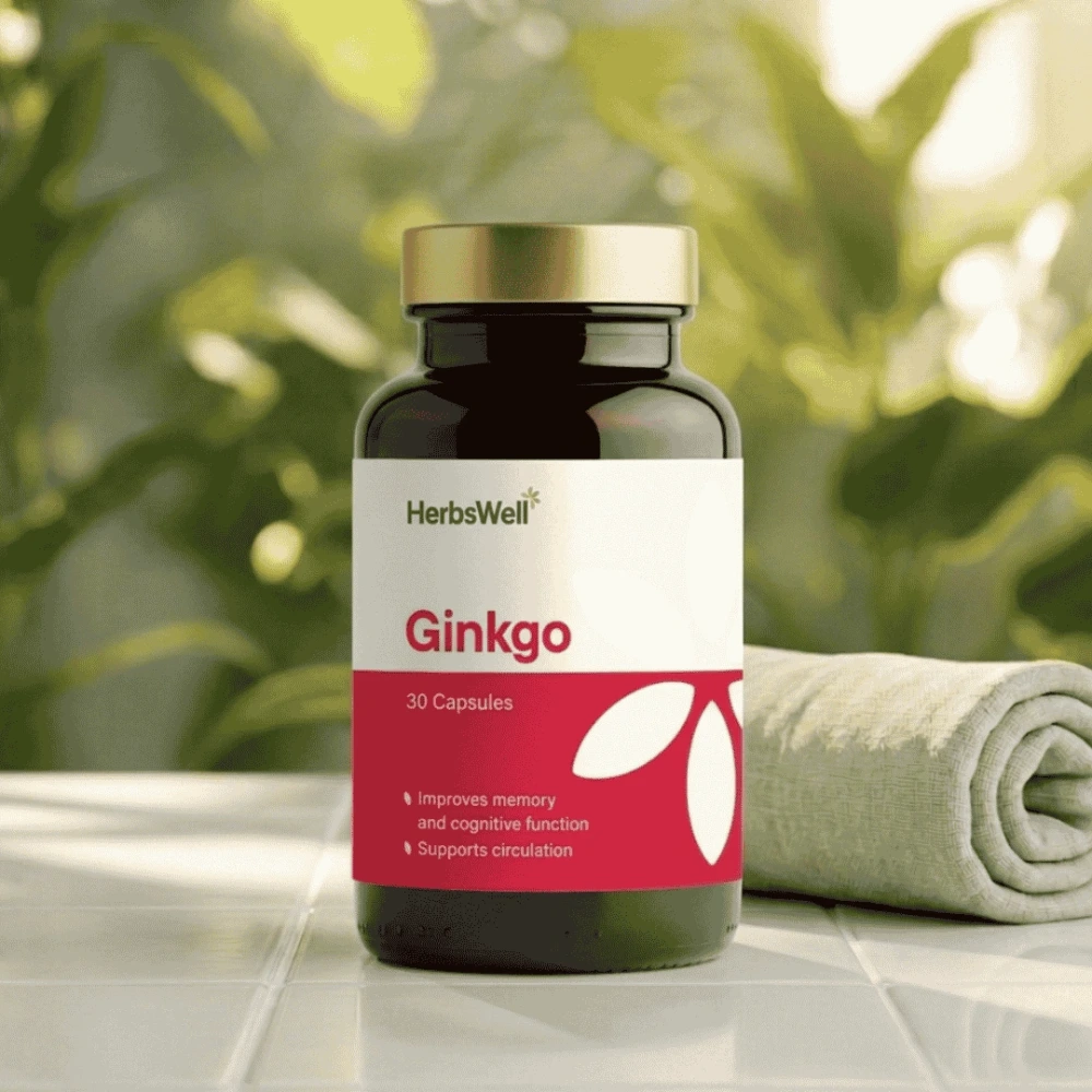 HerbsWell Ginkgo supplement bottle (30 capsules) on a tiled surface with a rolled towel in the background.
