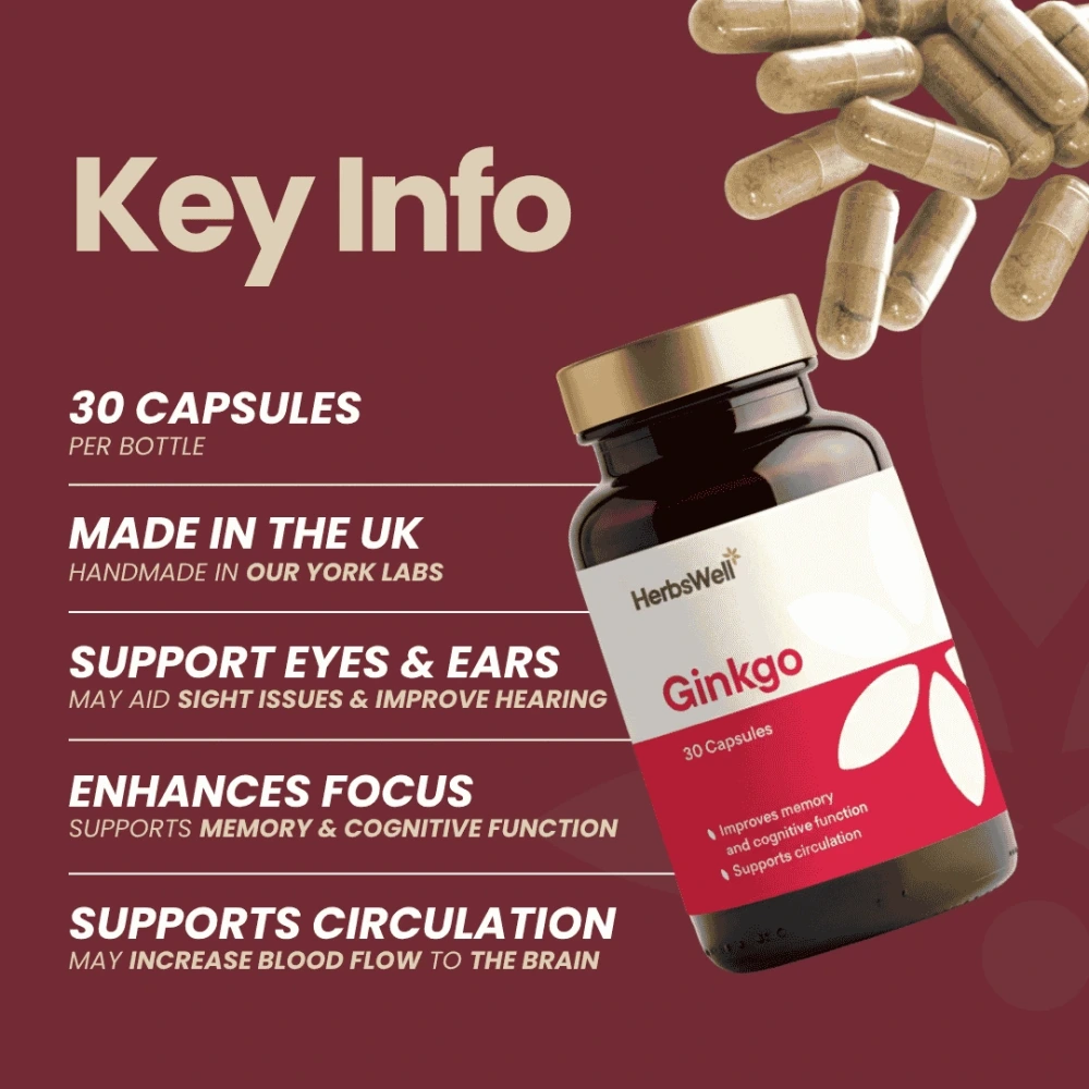 Key info: 30 capsules per bottle; Ginkgo capsules by HerbsWell, made in the UK; supports eyes, ears, focus, circulation.